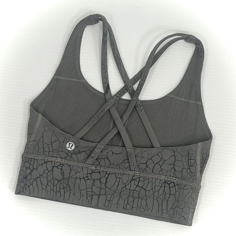 Lululemon Energy Longline Bra Size 2 Gray Thread Dye Crackle Pattern Cross Back